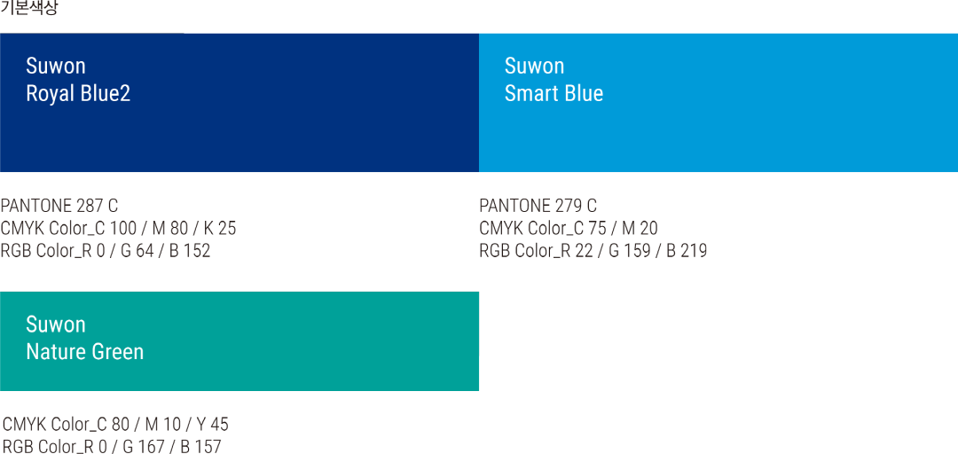 기본색상 : Suwon Royal Blue 2(PANTONE 287 C, CMYK Color_C 100 / M 80 / K 25, RGB Color_R 0 / G 64 / B 152), Suwon Smart Blue(PANTONE 279 C, CMYK Color_C 75 / M 20, RGB Color_R 22 / G 159 / B 219), Suwon Nature Green(CMYK Color_C 80 / M 10 / Y 45, RGB Color_R 0 / G 167 / B 157)